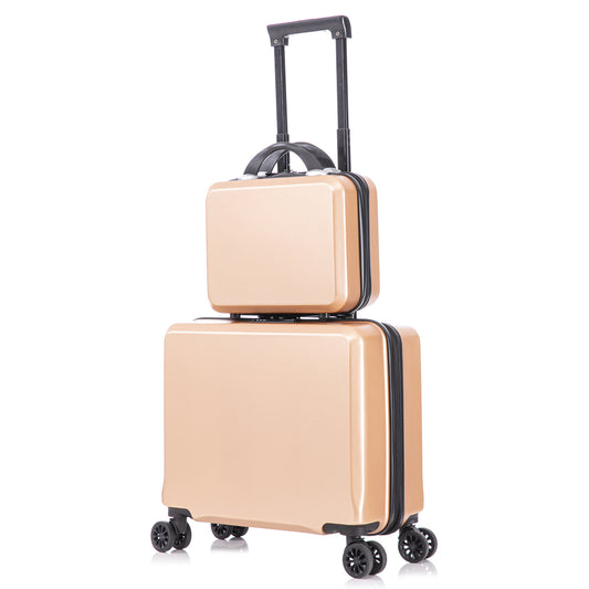 2 Piece Travel Luggage Set Hard shell Suitcase with Spinner Wheels 18?Underseat luggage and 14?Comestic Travel case Toiletry box Champagne