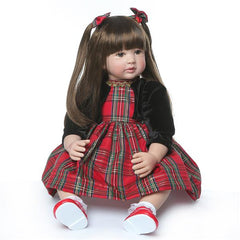 24" Beautiful Simulation Baby Long-Haired Girl Wearing a Christmas Plaid Skirt Doll