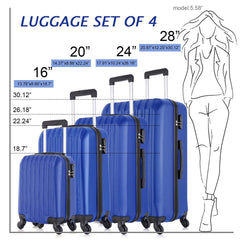 4 Piece Set Luggage Sets Suitcase ABS Hardshell Lightweight Spinner Wheels Blue