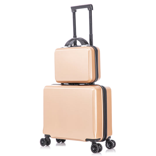 2 Piece Travel Luggage Set Hard shell Suitcase with Spinner Wheels 18?Underseat luggage and 14?Comestic Travel case Toiletry box  Champagne