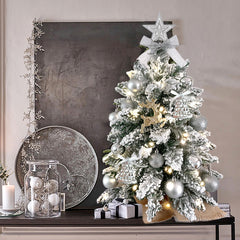2ft Mini Christmas Tree with Light Artificial Small Tabletop Christmas Decoration with Flocked Snow, Exquisite Decor & Xmas Ornaments for Table Top for Home & Office, Silver