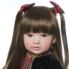 24" Beautiful Simulation Baby Long-Haired Girl Wearing a Christmas Plaid Skirt Doll