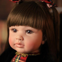 24" Beautiful Simulation Baby Long-Haired Girl Wearing a Christmas Plaid Skirt Doll
