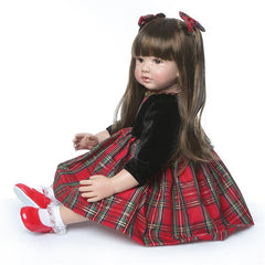 24" Beautiful Simulation Baby Long-Haired Girl Wearing a Christmas Plaid Skirt Doll