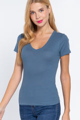 Short Sleeve V-neck Rib Top
