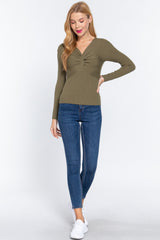 Long Slv V-neck Knotted Sweater