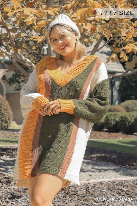 Oversized Multicolor Boucl?V-neck Pullover Sweater Dress With Side Slit