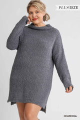 High Cowl Neck Boucl?Long Sleeve Sweater Dress