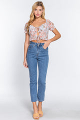 Short Slv Front Tie Print Woven Top