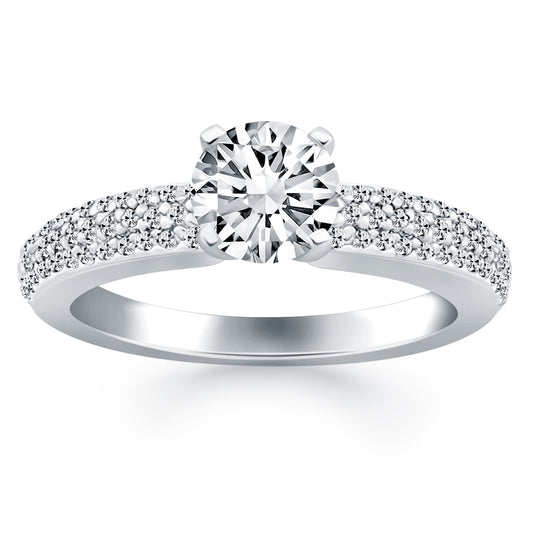 14k White Gold Triple Row Pave Diamond Engagement Ring Mounting