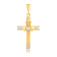14k Two-Tone Gold Cross Pendant with a Claddagh Motif