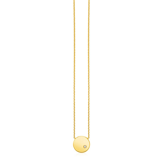 14k Yellow Gold Necklace with Polished Round Pendant with Diamond