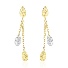 14k Two-Tone Gold Double Row Chain Earrings with Diamond Cut Teardrops