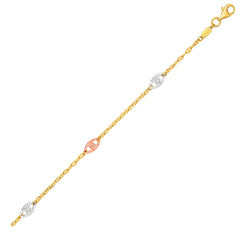 14k Three-Toned Yellow, White, and Rose Gold Anklet with Textured Ovals