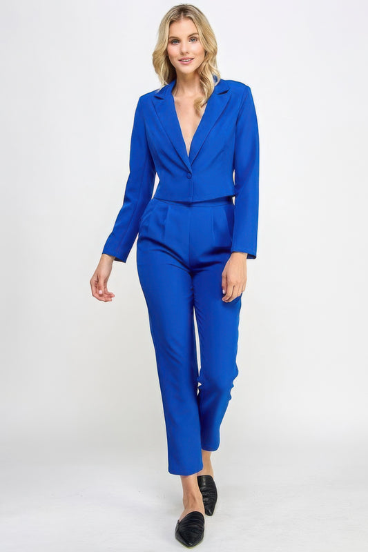 Single Button Crop Blazer With Tailored Pants Set