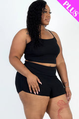 Plus Size Ribbed Cami Crop Top & Ruched Shorts Set