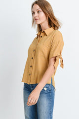 Short Sleeve Button Up Top With Tie Sleeve