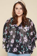 Plus Size Floral Chiffon Sheer Surplice Top