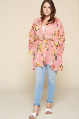 Plus Size Floral Printed Oversize Flowy And Airy Kimono With Dramatic Bell Sleeves