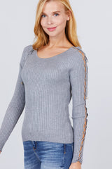 Long Sleeve W/strappy Detail Round Neck Rib Sweater Top