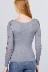 Long Sleeve W/strappy Detail Round Neck Rib Sweater Top