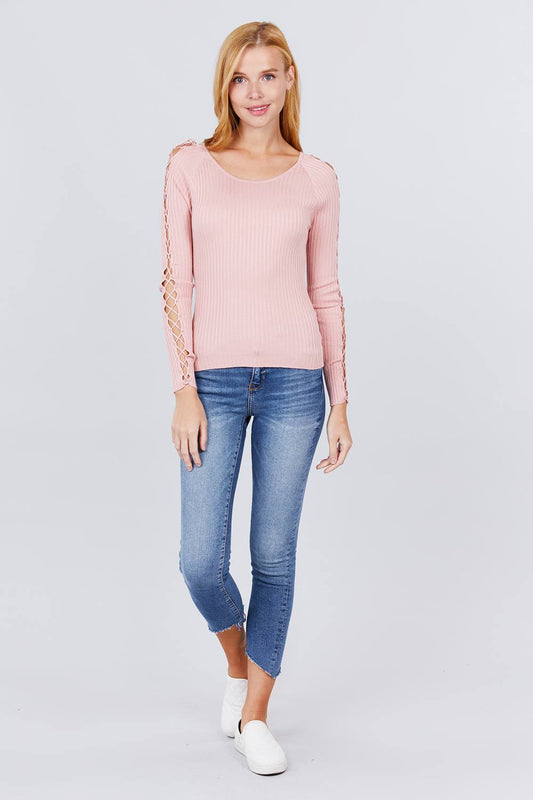 Long Sleeve W/strappy Detail Round Neck Rib Sweater Top