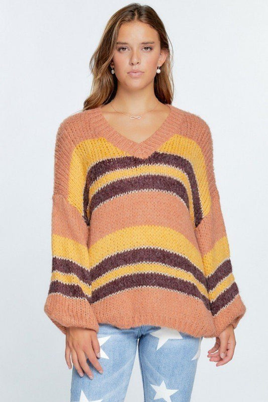 V-neck Cozy Thick Knit Stripe Pullover Sweater