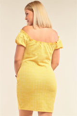 Plus Size Lemon Yellow Sparkly Tweed Plaid Fitted Off-the-shoulder Frill Hem Mini Dress