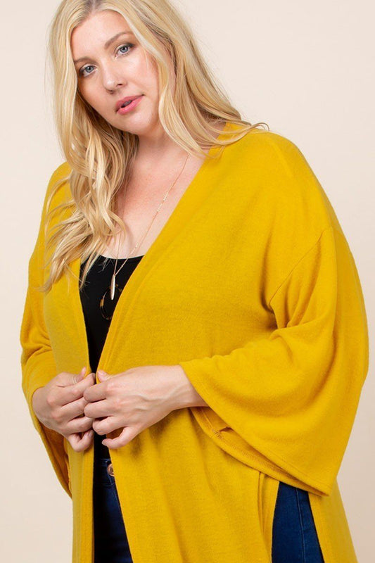 Plus Size Solid Hacci Brush Open Front Long Cardigan With Bell Sleeves