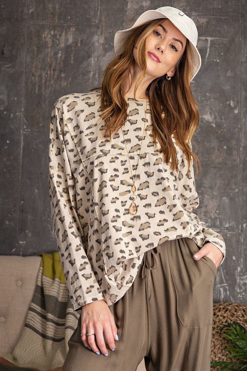 Leopard Printed Garment Dye Loose Fit Knit Top