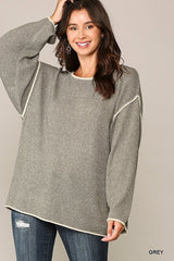 Two-tone Sold Round Neck Sweater Top With Piping Detail