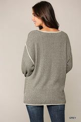 Two-tone Sold Round Neck Sweater Top With Piping Detail