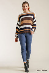 Multicolored Stripe Round Neck Long Sleeve Knit Sweater