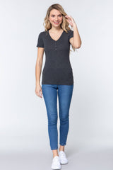 Short Slv V-neck Henley Knit Top