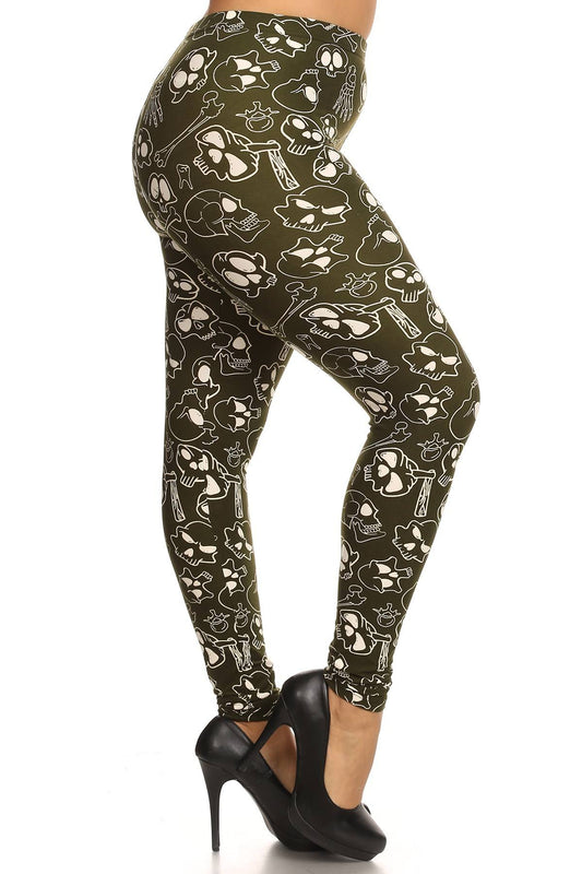 Skulls And Bones Graphic Printed Knit Legging With Elastic Waist Detail. High Waist Fit.