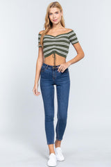 Off Shoulder Stripe Rib Sweater Top
