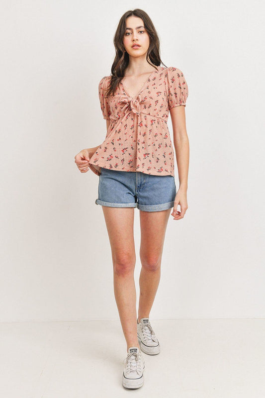 Front Tie Floral Waffle Top