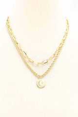 2 Layered Metal Chain Round Pendant Necklace