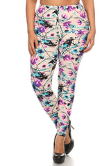 Plus Size Floral Print, Full Length Leggings In A Slim Fitting Style With A Banded High Waist