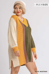 Oversized Multicolor Boucl?V-neck Pullover Sweater Dress With Side Slit