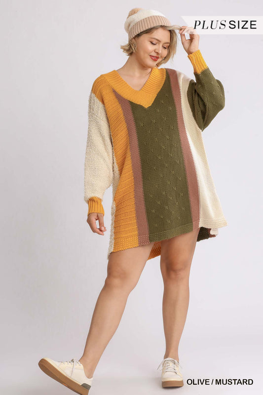 Oversized Multicolor Boucl?V-neck Pullover Sweater Dress With Side Slit