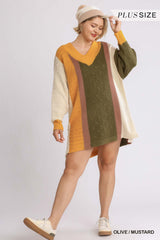 Oversized Multicolor Boucl?V-neck Pullover Sweater Dress With Side Slit