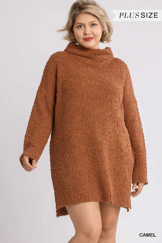 High Cowl Neck Boucl?Long Sleeve Sweater Dress
