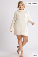 High Cowl Neck Boucl?Long Sleeve Sweater Dress