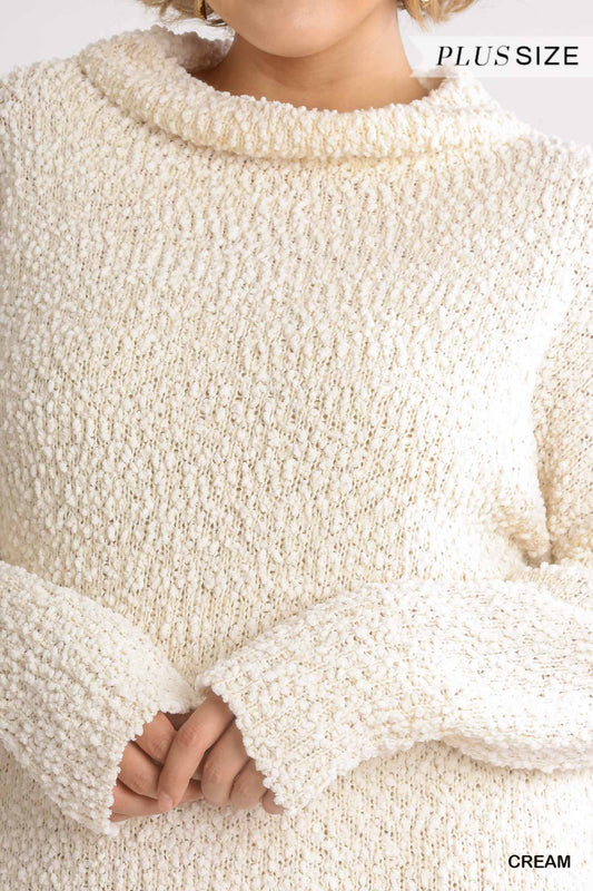 High Cowl Neck Boucl?Long Sleeve Sweater Dress