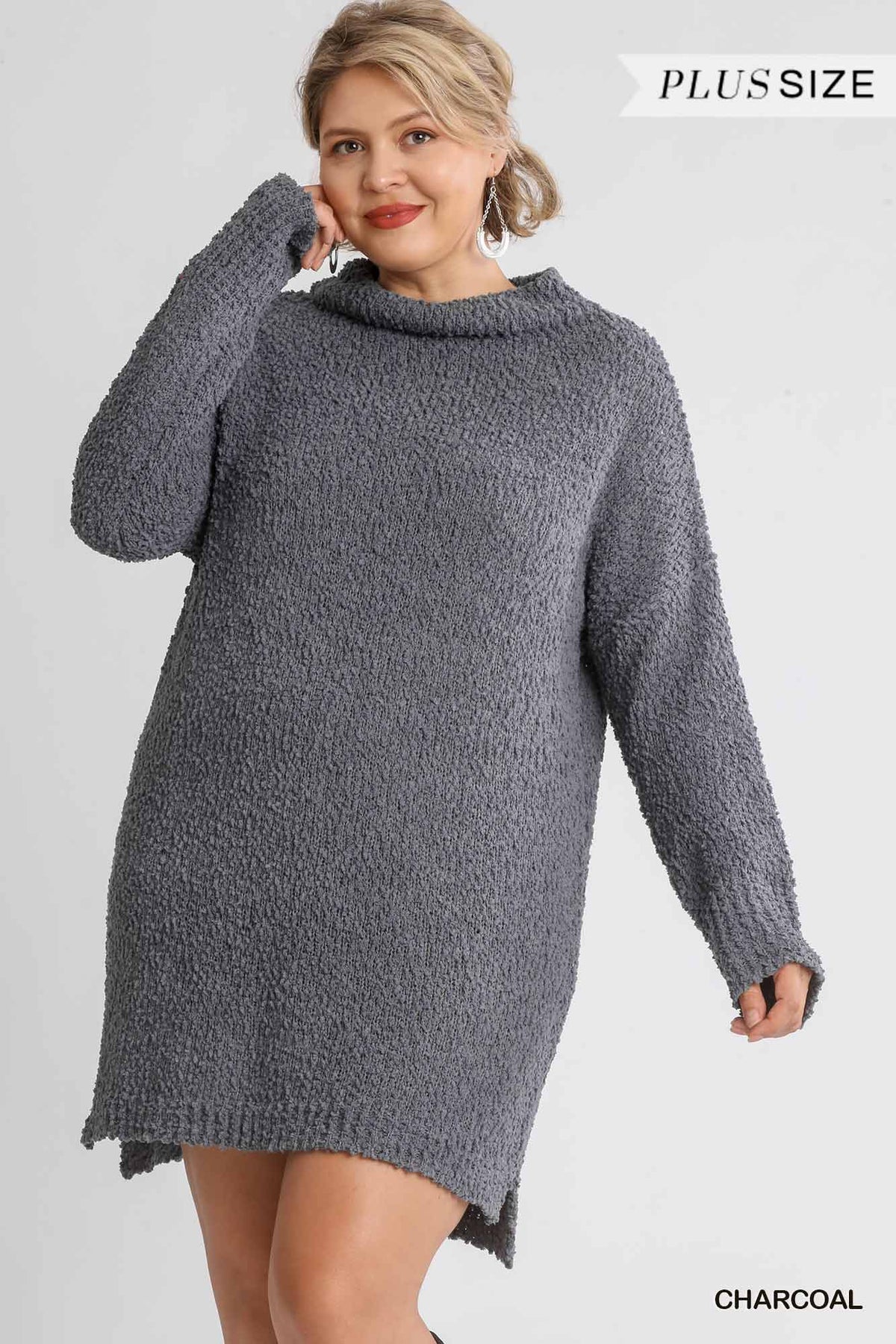 High Cowl Neck Boucl?Long Sleeve Sweater Dress