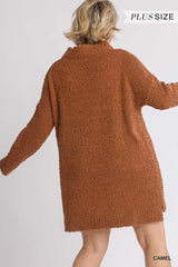 High Cowl Neck Boucl?Long Sleeve Sweater Dress