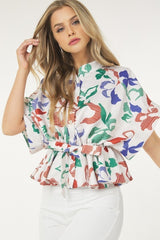 Floral Print Short Sleeve Top With Waist Tie