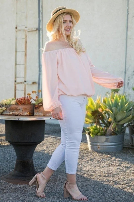 Off Shoulder Long Bubble Sleeve Solid Top