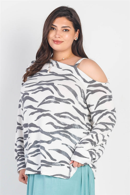 Plus White & Charcoal Zebra Flannel Cold Shoulder Long Sleeve Top